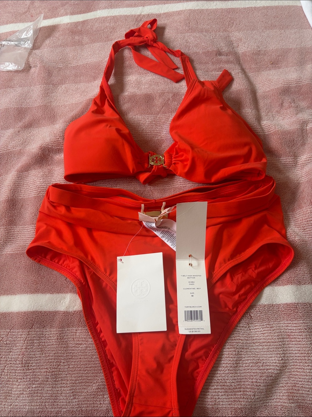 Tory Burch Red Halter Bikini Set with Gold Logo Ring
